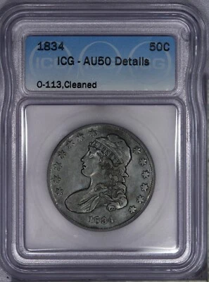 1834 Capped Bust Half Dollar 50c O-113 ICG AU50 Details - Handsomely Toned! - Image 1 of 2