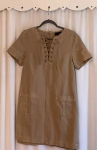 J.CREW Dress 4 Linen Cotton Lace Up V-Neck Canvas Short Sleeve Safari Khaki - Picture 1 of 6