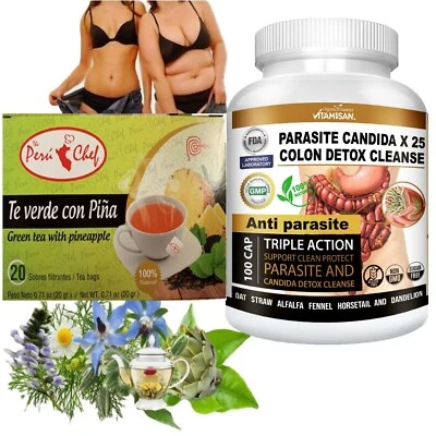 Parasite & Candida Cleanse Detox – 100 Caps + Pineapple Green Tea – Anti-Parasit - Image 1 of 4