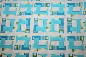 SEW MUCH FUN BY NADIA HASSAN FOR STUDIO E FABRICS BLUE SEWING MACHINES ON WHITE - Picture 1 of 3