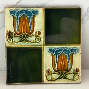 Edwardian Art Nouveau Chequered tile - 6" x 6" - circa 1905 - Picture 1 of 8
