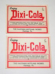 Set of 2 Dixi-Cola Soda Soft Drink Bottle Label NOS 1950s Hastings, Pa Unused - Picture 1 of 1