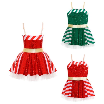 Kid Girls Dresses Dancing Christmas Costume Holiday Fancy Dress Sequin Skirt - Image 1 of 4