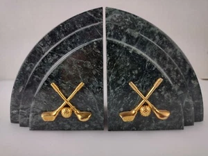 Damaged Golfing/Golfer Bookends Green Granite Marble Gold Golf Clubs Design - Picture 1 of 12