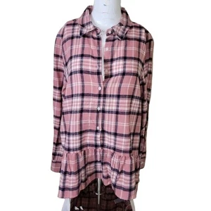 NEW Harlow & Rose size S womens plaid top longsleeve peplum pleated button front - Picture 1 of 8