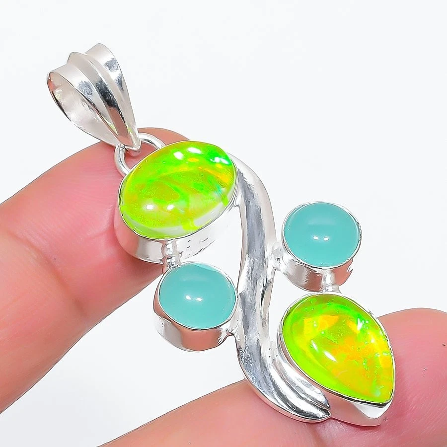 Triplet Opal & Chalcedony Gemstone 925 Sterling Silver Jewelry Pendant Size 2" - Image 1 of 1