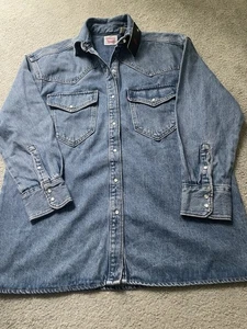 Levi’s Damen XS Denim Shacket Overshirt Jacke Blau Perlen Druckknopf Oversized Heavy - Bild 1 von 12