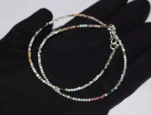 925 Sterlingsilber 22 " Strang Halskette Natürlicher Edelstein Perlen 2 MM Runde - Bild 1 von 19