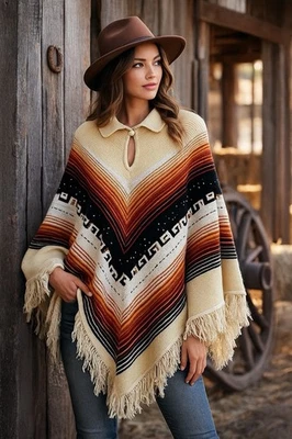 Poncho con flecos tejido Southwestern capa con cuello - cálido patrón Chevron atardecer Foto 1 de 4