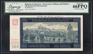 1940 Bohemia & Moravia, SPECIMEN, 100 Korun, 20.8.1940, Pick-7s, Legacy 66 UNC - Picture 1 of 4