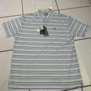 Polo golf Callaway Opti-Dri bianca blu grigia a righe nuova con etichetta L spiaggia - Foto 1 di 6