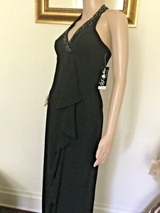 80er Jahre Vintage schwarz Kristall Neckholder Top gerüschtes Maxikleid neu mit Etikett - Bild 1 von 10
