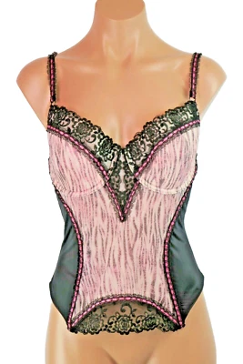 De Colección Jezabel 34D Corsé Longline Con Aros Negro Rosa Encaje Gancho Ojo Sujetador Bustier Foto 1 de 4