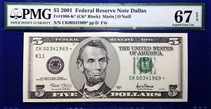 2001 $5 Federal Reserve Note Fr-1988-K* Dallas PMG67 Superb Gem EPQ - Picture 1 of 4