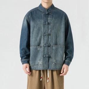 Men Mandarin Collar Denim Jackets Frog Button Chinese Casual Hanfu Blouse Retro - Picture 1 of 15