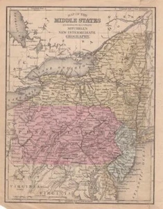 1868 MITCHELL'S NEW INTERMEDIATE ATLAS-MAP OF NEW YORK, PENNSYLVANIA, DELAWARE - Picture 1 of 1