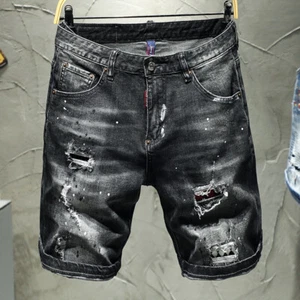 2024 Men's black Jeans short slim Scuffed hole patch smulti-craft denim # - Picture 1 of 15