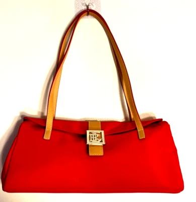 Bolso de Hombro Lauren Ralph Lauren Rojo Verdadero Nylon Pochette Bronceado Correas Logo Hebilla Foto 1 de 4