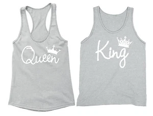 Matching Couple Tanks King Queen Couple Matching Vneck + Crewneck Tanktops Gray - Picture 1 of 1
