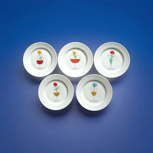 Crate & Barrel Cocktail with Flower Set of 5 Porcelain Appetizer Dessert Plates - Picture 1 of 8