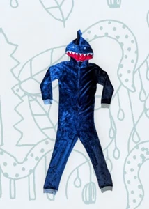 SHARK Youth Boys Girls Sz Large HOODED One Piece Sleep Suit Pajamas Navy Blue - Picture 1 of 10
