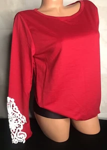 New Bibi Boutique  Womens Small  Gorgeous Red LS Top W/White Crochet Sleeve NWOT - Picture 1 of 9