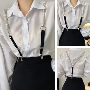 Women Pearl Chain Suspenders Belts Rhinestone Strap Shirt Decoration Decor Clip - Picture 1 of 19