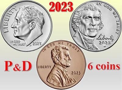 💰  2023 P&D - Penny 1¢  Nickel 5¢ Dime 10¢ -  6 Uncirculated Coins - Full Set - Image 1 of 4