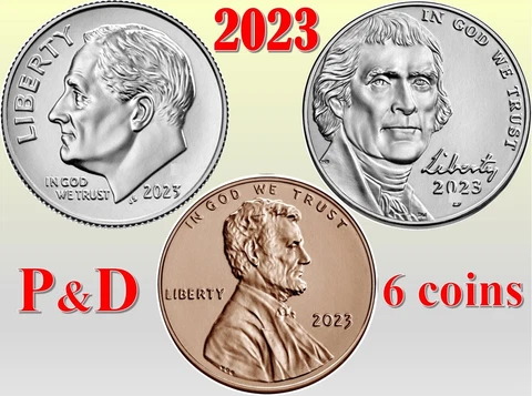 💰  2023 P&D - Penny 1¢  Nickel 5¢ Dime 10¢ -  6 Uncirculated Coins - Full Set Cover