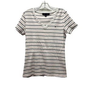 Tommy Hilfiger top donna M rosa navy a righe scollo a V manica corta 100% cotone - Foto 1 di 12