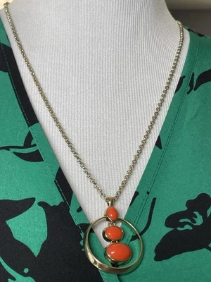90s Liz Claiborne Necklace Orange Beads Round Pendant Gold Toned Cable Chain - Image 1 of 4