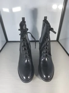 AGL Women's Smooth Black Leather Combat Lace Up Booties Side Zip NIB Size 40 - Picture 1 of 15