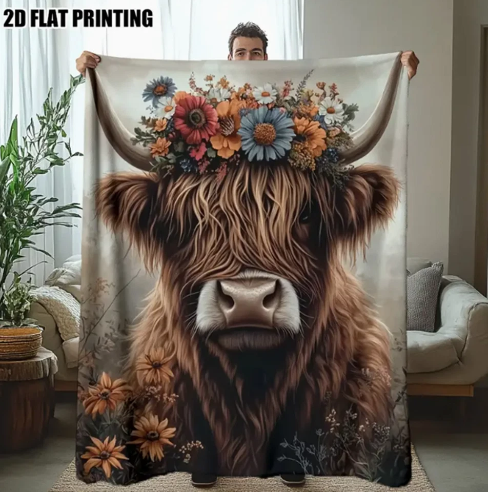 Highland Cow with Wildflowers Print Flannel Throw Blanket - Scottish Cow Blanket - Image 1 of 4