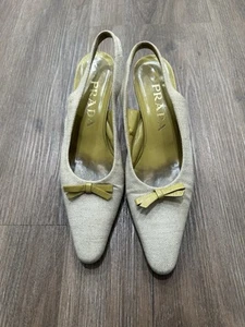 Prada Bow Canvas Kitten Heel Cream And Green Pump 36.5 - Picture 1 of 6