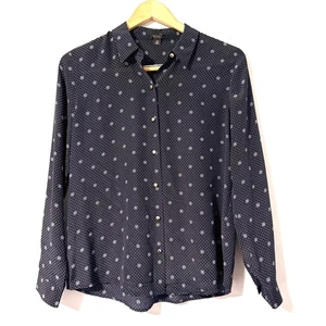 Ann Taylor Petite Button-Down-Hemd Seide marineblau weiß geometrischer Druck MP - Bild 1 von 10