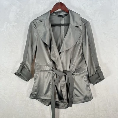 WHBM 夹克女式 4 银缎面领带前卷标签袖翻领职业办公室 — 第 1/4 张图片