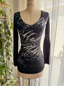 Camiseta túnica grunge gótica años 90 negra elástica Y2K Metal Mulisha XS de colección - Imagen 1 de 11