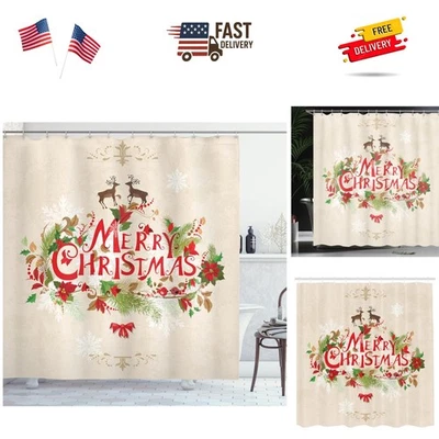 Cortina de Ducha de Navidad, Feliz Navidad Deseo con Ramas de Abeto Poinsettia F... Foto 1 de 4