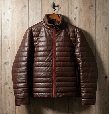Men's Genuine Lambskin Leather Puffer Jacket | Quilted Lightweight Bomber Coat - Image 1 of 4