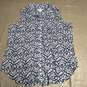 Liz Claiborne ärmellose Bluse mit Knopfleiste weiß marine Print XL - Bild 1 von 10