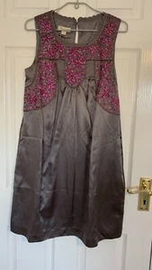Vintage Monsoon Shift dress New, Grey Satin with embroidery -Size 10. RRP £85 - Picture 1 of 8