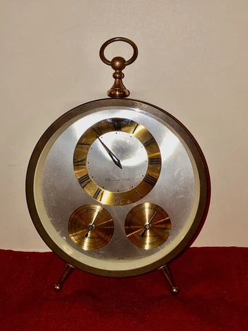 VTG BULOVA WIND UP 5.5” BRASS FOOTED DESK CLOCK W THERMOMETER & HYGROMETER JAPAN Cover