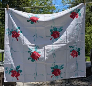 Vintage Square Tablecloth Table Topper Red Roses Printed on White Linen 35x31 - Picture 1 of 9