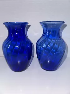 Set of 2 Vintage Cobalt Blue Illusions Swirl Vase 5.5" Indiana Glass - Picture 1 of 3