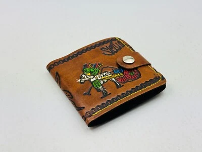 Vintage Handcrafted Genuine Leather Painted Bifold Wallet Snap Closure - Image 1 of 4
