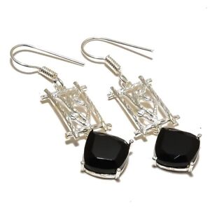 Black Onyx Gemstone Handmade Silver Earrings Jewelry 1.5"