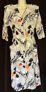 VTG Womens Dress Button Front Abstract Floral Black On White/Tan Color Splash S - Picture 1 of 11