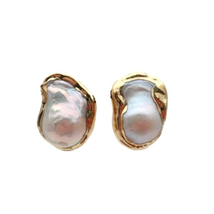 Cultured White Keshi Baroque Pearl Stud Earrings Gold Plated Stud High Quality - Picture 1 of 6