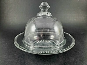 Vintage Round Butter Cheese Clear Glass Round Covered Dish Lidded Beaded Edge - Picture 1 of 11