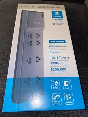 Protector contra sobretensiones Belkin BE108230-12 diseño delgado resistente tira de alimentación de 8 salidas Foto 1 de 2